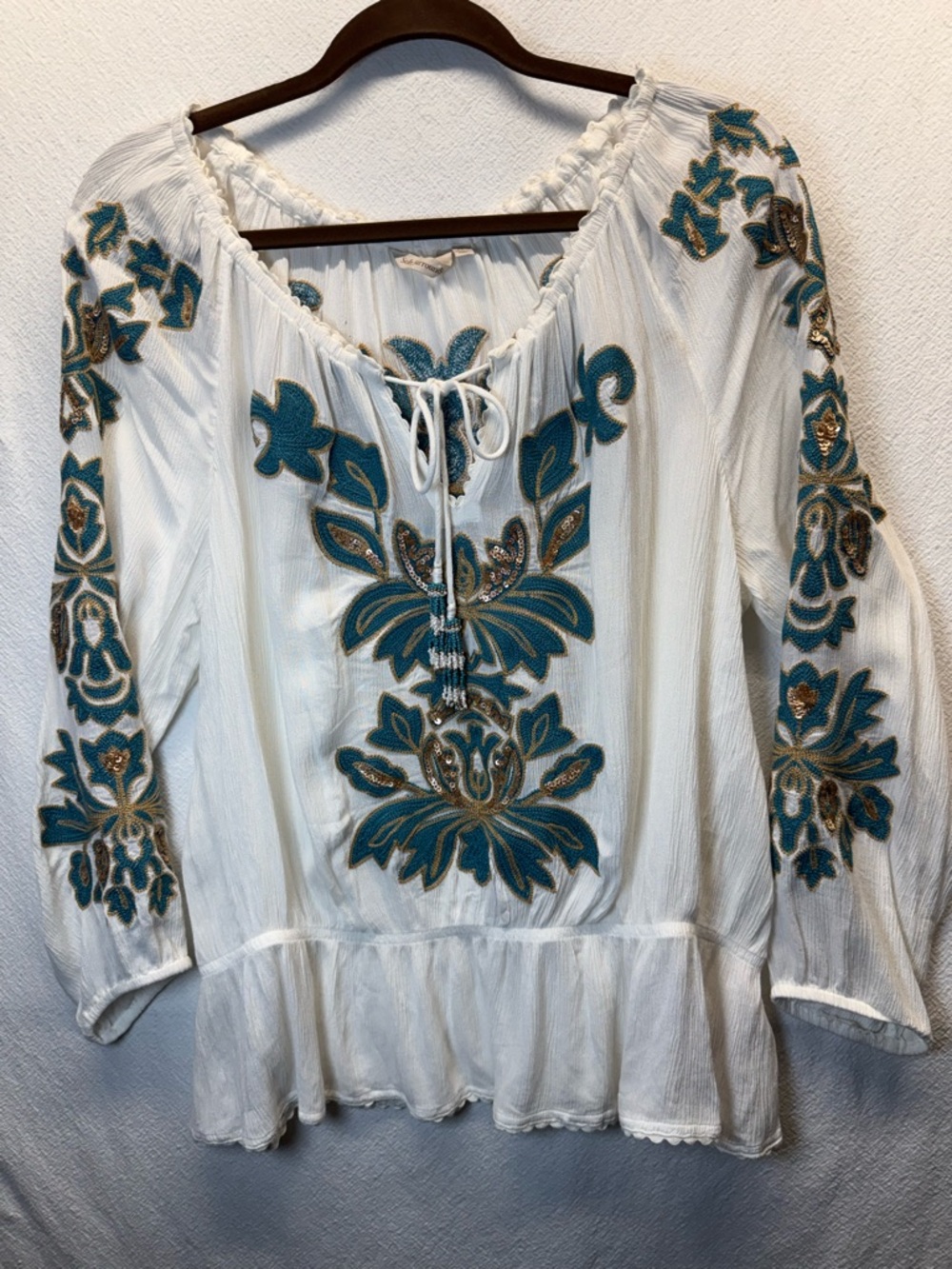 Y2K 90’s Embroidered and Beaded Soft Surroundings “Botanical BOHO Peasant Blouse